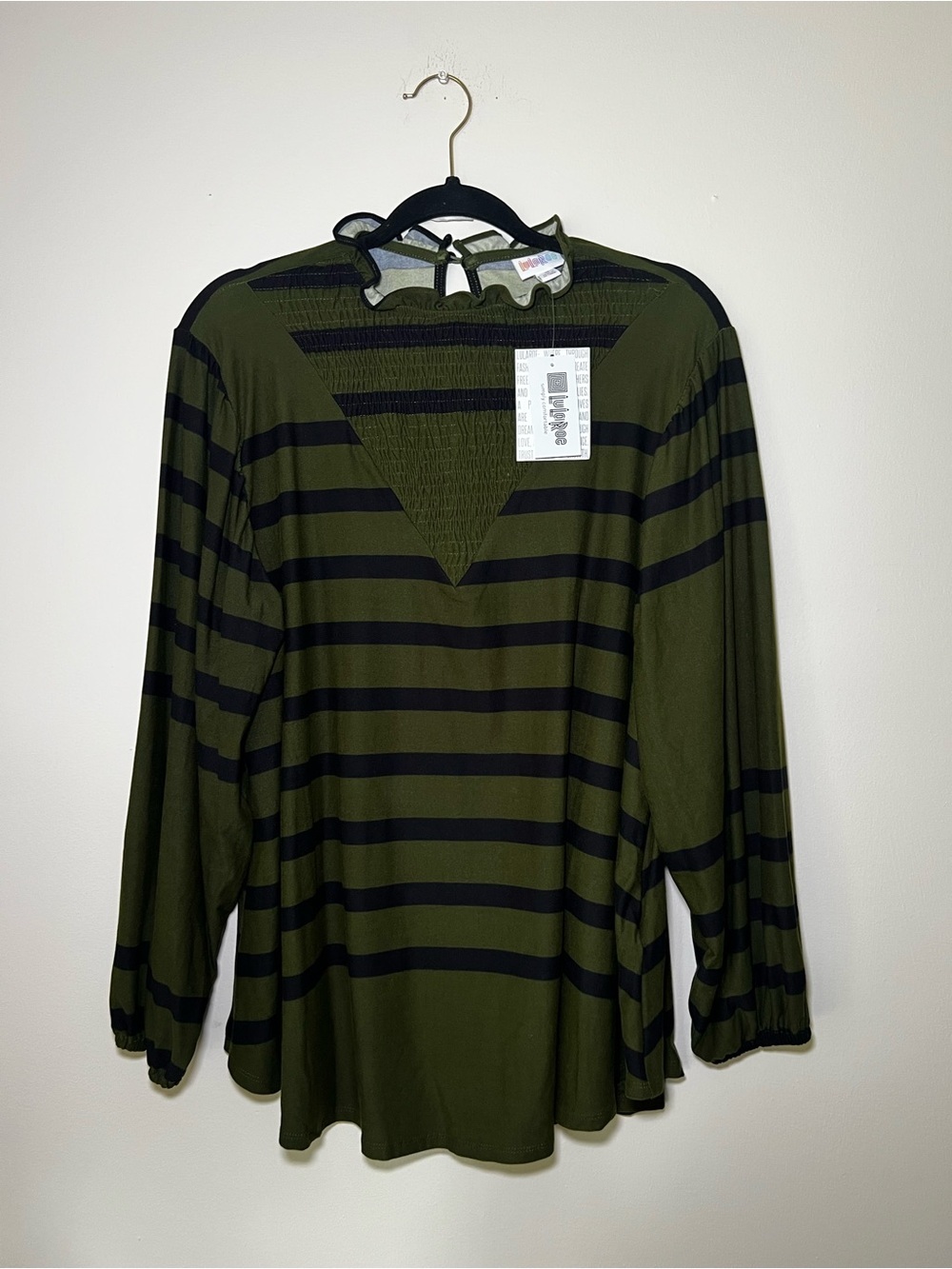 LuLaRoe Clara Olive Green and Black Striped Long-Sleeve Smocked Blouse